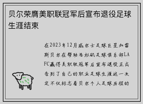 贝尔荣膺美职联冠军后宣布退役足球生涯结束